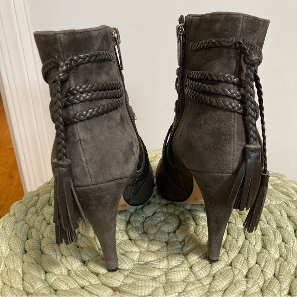 Vince Camuto Astan Charcoal Suede Leather Braided Wrap Tassel Open Toe Booties - Picture 3 of 7